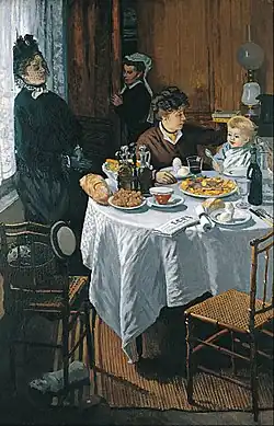 The Luncheon, 1868, Städel, which features Camille Doncieux and Jean Monet, was rejected by the Paris Salon of 1870 but included in the first Impressionists' exhibition in 1874.[69]