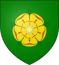 A coat of arms showing a golden rose with five petals on a green field