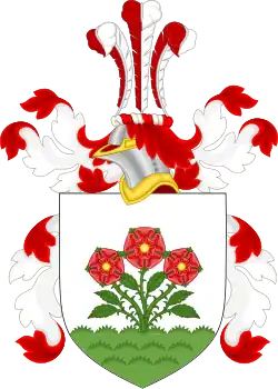 The coat of arms (a canting arms) of Roosevelt, whose name means “rose field” in Dutch.
