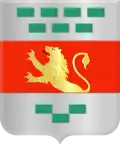 The coat of arms mimics the flag. The bands are equal width, the lion rampant is in the middle and number of green rectangles are changed to four and three on top and two and one in the bottom.