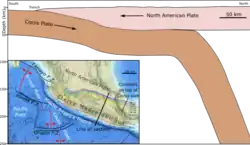 A cross-sectional diagram illustrates the flat slab subduction beneath Mexico, showing the Cocos plate sharply plunging beneath central Mexico. Near the Mexican coast, the slab dips to around 30–40 kilometers and continues at this depth for about 300 kilometers inland before bending steeply. It then descends further to approximately 250 kilometers, beyond which it is no longer detectable.