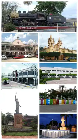 From top to bottom and left to right: Steam locomotive "Mi Prieta Linda", municipal palace, Church of Our Lady of Carmen, House of Culture "Prof. Carlos Cruz Valenzuela", University of the Gulf of Mexico, "Victoria del Bicentenario" statue, letters spelling out the name of the city, and a monument to the Smiling Faces.