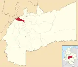 Location of the municipality and town of Guamal, Meta in the Meta Department of Colombia.