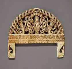 Comb with Vishnu adored by serpents; 1750–1800; ivory with traces of paint; 6.99 by 7.94 centimetres (2.75 in × 3.13 in); from Nepal; Los Angeles County Museum of Art