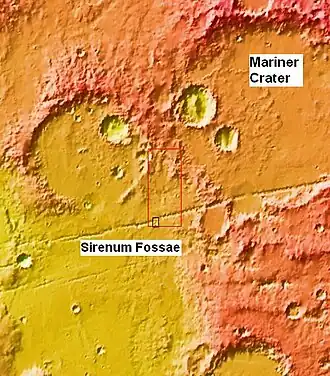 MOLA context image for the series of three images to follow of gullies in a trough and nearby crater