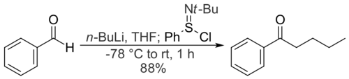 Benzaldehyde and n-butyllithium react to give a secondary alkoxide, which reacts with N-tert-butylbenzenesulfinimidoyl chloride to give a ketone.