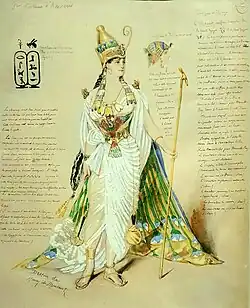 Design for a costume of Princess Amnéris; by Henri de Montaut; 1879; pencil and watercolor paint; unknown dimensions; in a temporary exhibition called "L'aventure Champollion" at the Site François-Mitterrand, part of the Bibliothèque nationale de France, Paris