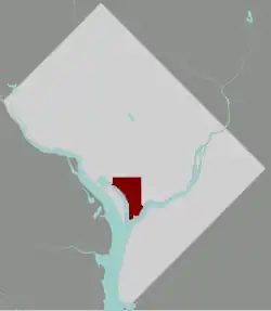 Map of Washington, D.C., with Southwest Waterfront highlighted in maroon.