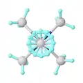 Structure of pentamethylmolybdenum, Mo(CH3)5, showing 4-fold disorder of one methyl group.[1]