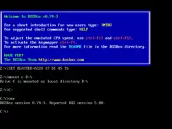 A command-line interface with a blue text box, followed by a command line. The text box contains text welcoming the user, providing DOSBox instructions, and linking the URL to the official website.