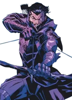 A scarred Malcolm Merlyn in his Dark Archer costume draws his bow with his cybernetic arm.