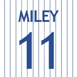 The number "11" with "MILEY" above in blue lettering set against a white background with blue pinstripes