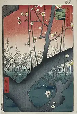 Image 8 Plum Park in Kameido Print: Hiroshige Plum Park in Kameido is a woodblock print in the ukiyo-e genre by the Japanese artist Hiroshige. It was published in 1857 as the thirtieth print in the One Hundred Famous Views of Edo series and depicts Prunus mume trees in bloom. Popular prints such as Plum Park in Kameido were produced in the tens of thousands at a low individual cost. After the opening up of Japan in 1853, they found a following in Europe, where they had a significant influence on the Impressionist artists such as Vincent van Gogh. See Van Gogh's derivative version More selected pictures
