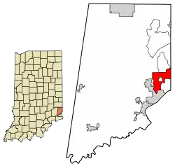 Location of Greendale in Dearborn County, Indiana.