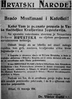 An image of a 1941 old propaganda proclamation written in Croatian