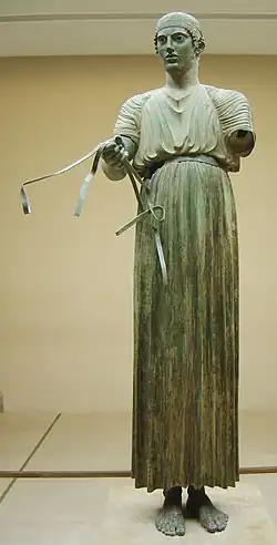 The Charioteer of Delphi was dedicated to the god Apollo in 474 BC by the tyrant of Gela in commemoration of a Pythian racing victory at Delphi.