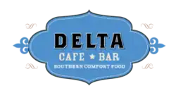Logo of the restaurant, with the words "DELTA" at the top. Below is "Cafe" and "Bar", separated by a star. Below that again is "Southern comfort food." It is embodied in a curvy, royal shape.