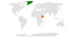 Map indicating locations of Denmark and Ethiopia