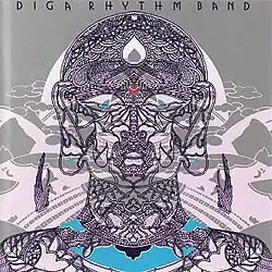 Abstract drawing of the head and shoulders of a man, suggestive of Indian art, with clouds and mountains on a silver background