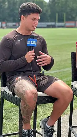 Dillon Gabriel being interviewed by CBS Sports at Browns training camp in August 2025