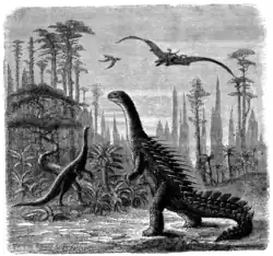 Early restoration of Stegosaurus by A. Jobin, 1884