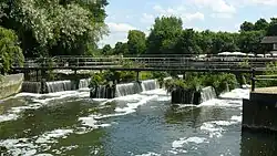 A complicated series of broad-crest and V-notch weirs at Dobbs Weir in Hertfordshire, UK