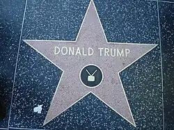 A red star with a bronze outline and "Donald Trump" and a TV icon written on it in bronze, embedded in a black terrazzo sidewalk