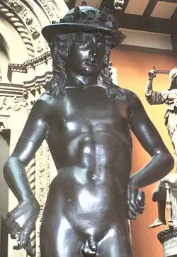 Painted plaster replica of Donatello's bronze of David.