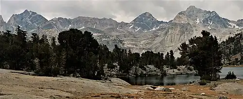 Dragon Peak (left), Falcor Peak, and Mount Rixford (right) from north at Rae Lakes
