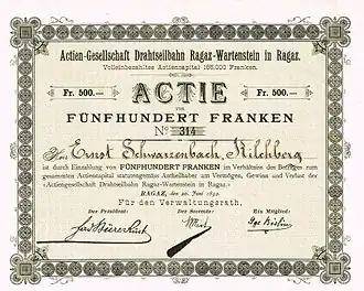 share certificate issued 1892 of Actien-Gesellschaft Drahtseilbahn Ragaz-Wartenstein
