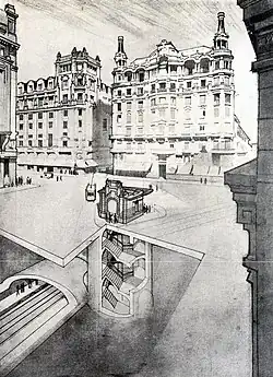 Black-and-white architectural drawing of the metro entrance