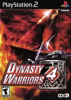 The words "Dynasy Warriors 4" appear in the lower third of the cover art. Behind the number 4 is silver square with the Chinese characters for "Unparalleled Three Kingdoms". A large Chinese polearm with a crescent blade and red hair plume is stabbed into rocky ground. Behind the weapon is a battlefield engulfed in flames. Silhouettes of warriors with weapons can be seen behind the flames.