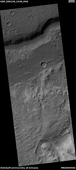 Part of delta in Holden Crater, as seen by HiRISE under HiWish program. Holden crater is a possible landing site for a Mars Rover scheduled for 2020.[20]