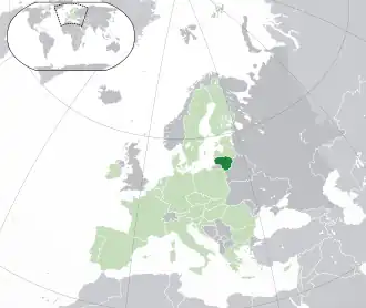 Location of Lithuania (dark green) – in Europe (green & dark grey) – in the European Union (green)  –  [Legend]
