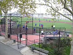 The park has numerous athletic facilities, for baseball, football, soccer, basketball, tennis, and running (all to be demolished except landmarked building)