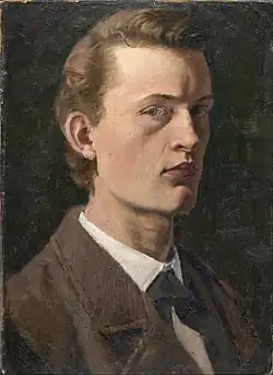 Self-Portrait, 1882, .mw-parser-output .frac{white-space:nowrap}.mw-parser-output .frac .num,.mw-parser-output .frac .den{font-size:80%;line-height:0;vertical-align:super}.mw-parser-output .frac .den{vertical-align:sub}.mw-parser-output .sr-only{border:0;clip:rect(0,0,0,0);clip-path:polygon(0px 0px,0px 0px,0px 0px);height:1px;margin:-1px;overflow:hidden;padding:0;position:absolute;width:1px}26 cm × 19 cm (10+1⁄4 in × 7+1⁄2 in), Munch Museum, Oslo