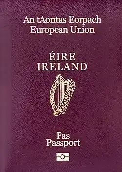 A passport, displaying the name of the member state, the national coat of arms and the words "European Union" given in their official language(s), (Irish version pictured)