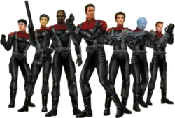 Seven characters wearing armored versions of the Star Trek: Voyager uniforms and carrying a variety of futuristic weaponry. Among their number are two women and a blue-skinned alien.