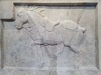 Limestone relief of Quanmaogua ("Curly"). Nine arrows penetrate Quanmaogua, six in front and three in back. On display at the Penn Museum in Philadelphia.
