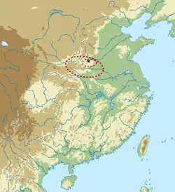 A topographic map of China, showing the area occupied by the Erlitou culture in the north. A black square marks the Erlitou site