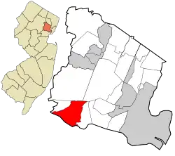 Location of Short Hills in Essex County highlighted in right (red). Inset map: Location of Essex County in New Jersey highlighted in orange (left).