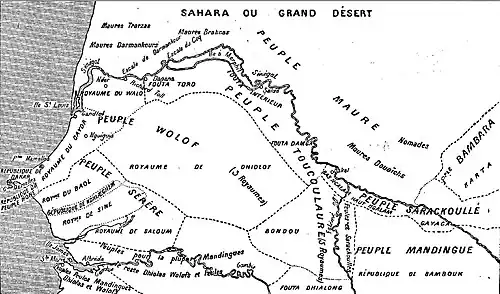 Carte des peuplades du Sénégal de l'abbé Boilat (1853): an ethnic map of Senegal at the time of French colonialism. The pre-colonial states of Baol, Sine and Saloum are arrayed along the southwest coast, with the inland areas marked "Peuple Sérère".