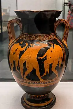 Ancient Greek red-figure vase painting: three nude, bearded male figures.