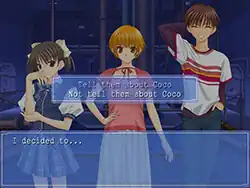 A screenshot depicting a scene with three characters in a dark room from a first-person perspective. A box is displayed at the bottom of the screen, showing the point-of-view character's internal monologue, and a second box shows dialogue options for the player to pick from.