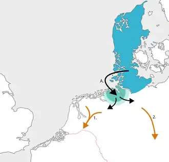   Position of North Sea Germanic dialects before the migration period (3rd century CE).   Migration of the Saxons from the territory of the Angles (A.).   Migration of Weser Rhine Germanic speakers towards the Roman limes (1.), southward migration of Elbe Germanic speakers (2.).