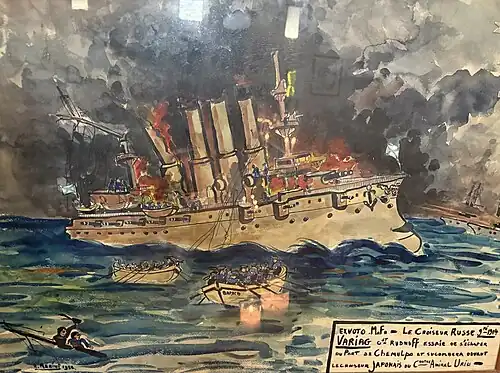 Sinking of the battleship Varyag in Chemulpo Bay during the Russo-Japanese War in 1904. A survivor gives thanks to Notre Dame de Bon Port.