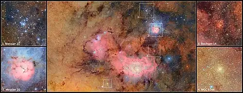 4 examples of objects found in the Trifid Nebula and Lagoon Nebula