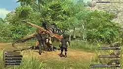 In a sunlit woodland environment, two men in black clothing battle against a monster.