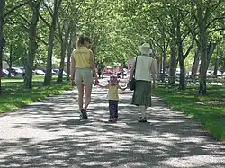 A family walking in the park.