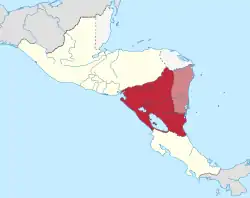 A map of the Federal Republic of Central America's states with Nicaragua shaded in red and the disputed territory of the Mosquito Coast in light red